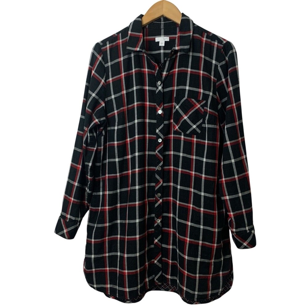 J. Jill Multi Plaid Double Cloth Long Tunic Button Up Flannel Shirt M Black Red